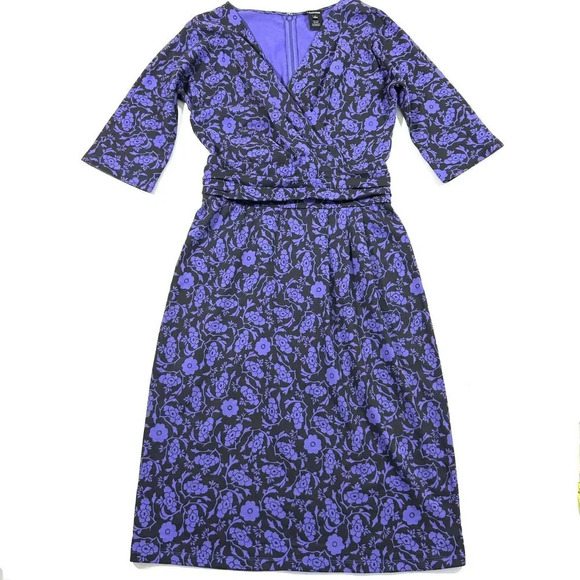 J Peterman A Line Midi Dress Purple Black Floral Shirred Waist Size 8 - Picture 1 of 5